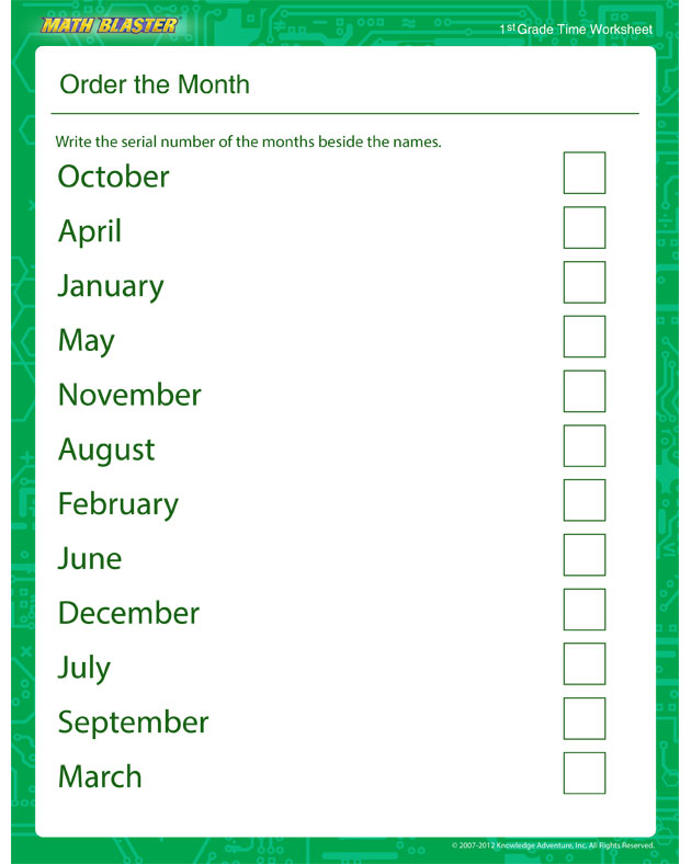 Order the Month – Time Worksheet for Kids - Math Blaster