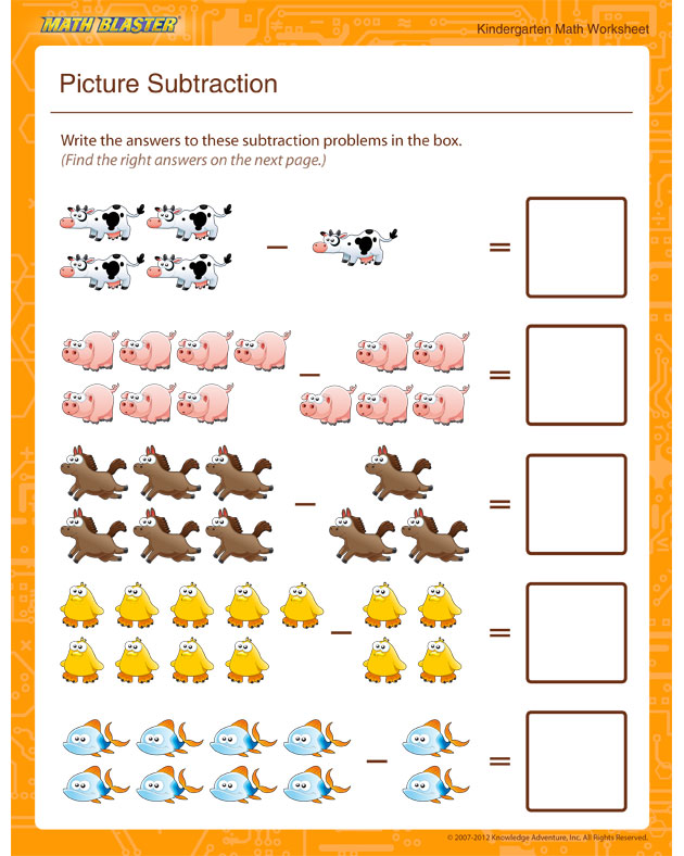 Picture Subtraction - Math Worksheet for Kindergarten