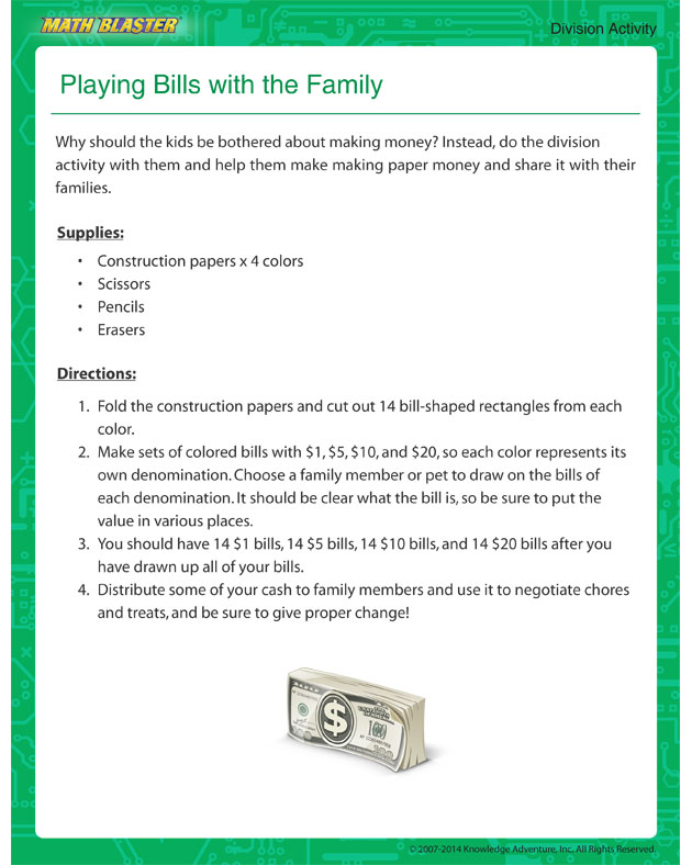 Playing Bills with the Family - Free Kindergarten Math Activity
