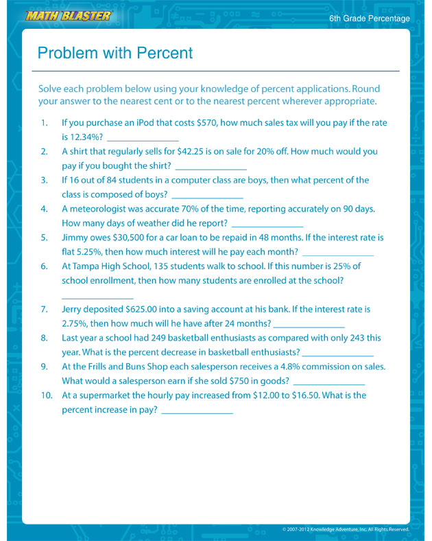 Problem with Percent – Percentage Worksheet for Kids - Math Blaster