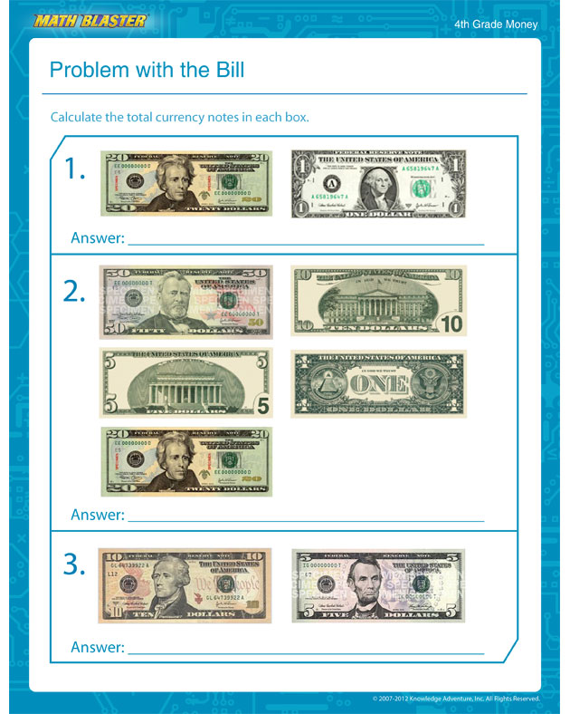 Problem with the Bill - Free Math Worksheet for 4th Grade