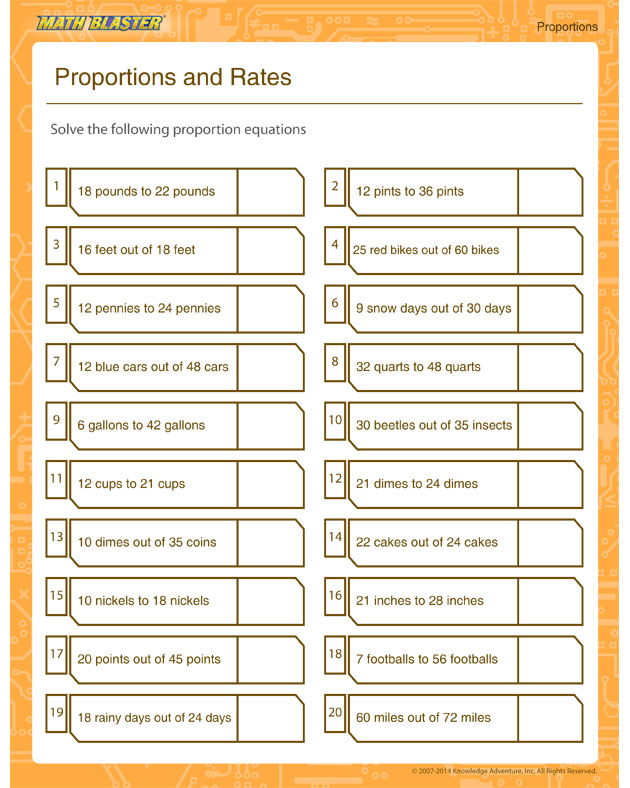 Proportions and Rates - Printable proportion worksheet for all grades