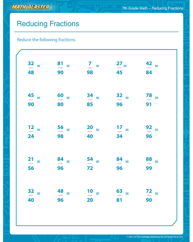 Reducing Fractions - Free Math Worksheet for 7th Grade
