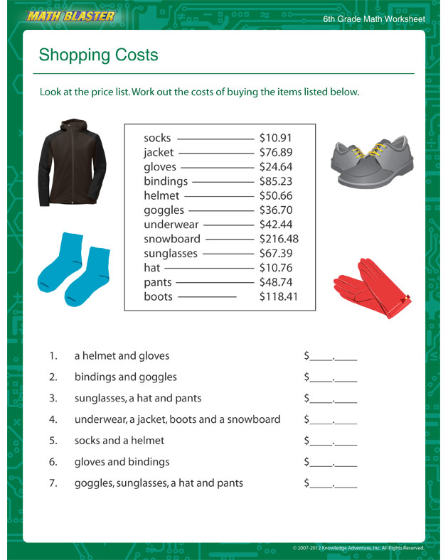 Shopping Costs - Bill Maths 6th Grade