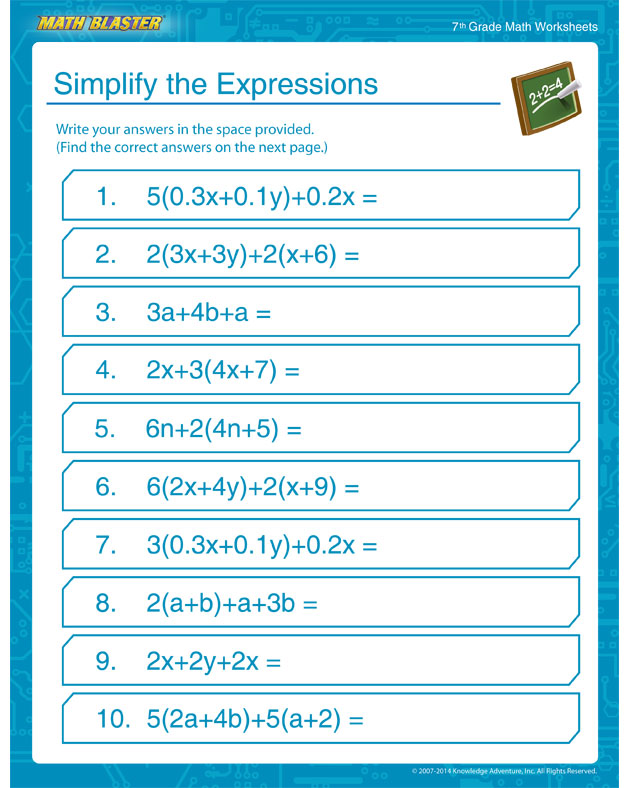 Simplify the Expressions - 7th Grade Math Worksheet for your Child
