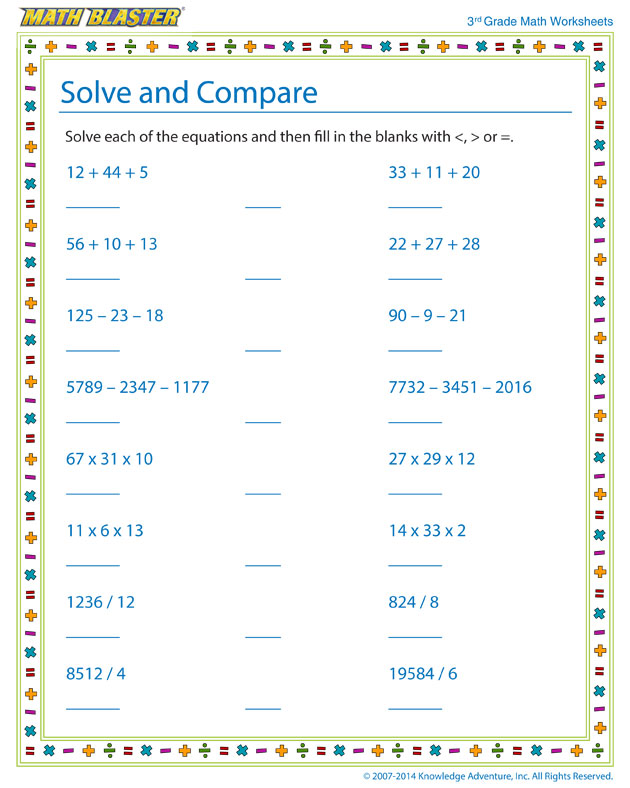 Solve and Compare - Math Worksheet for Kids