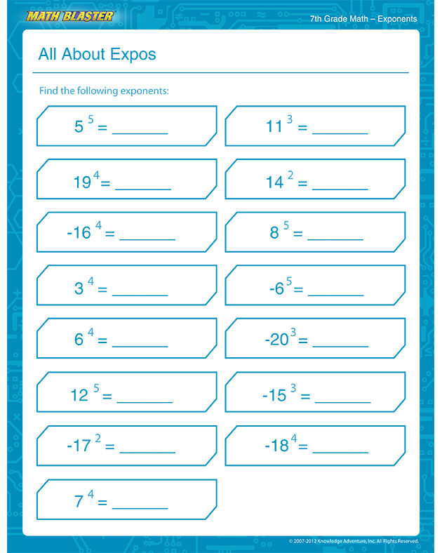Solve the Expos - Free Math Worksheet for 7th Grade