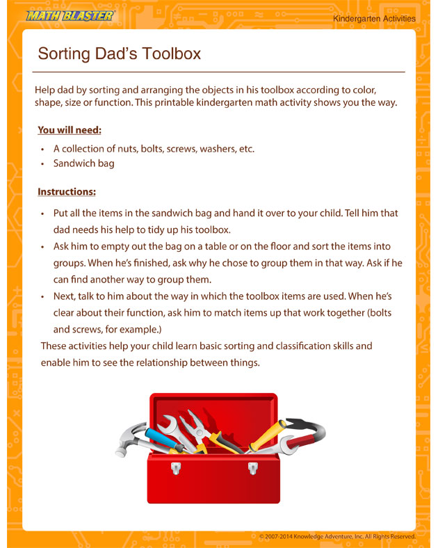 Sorting Dad's Toolbox - Free Kindergarten Math Activity
