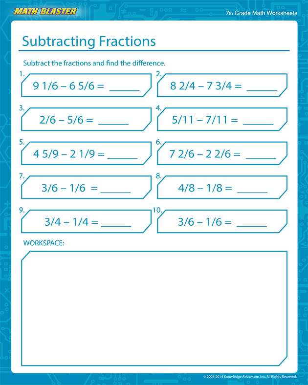 Subtracting Fractions - Free Fractions Worksheets for Middle School