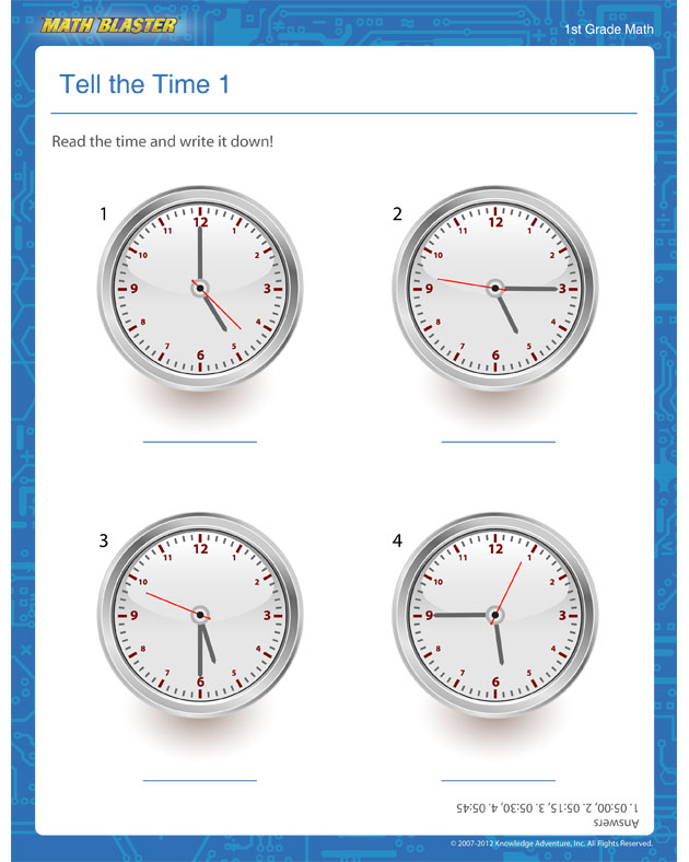 Tell the Time 1 - Time Worksheet for 1st Graders