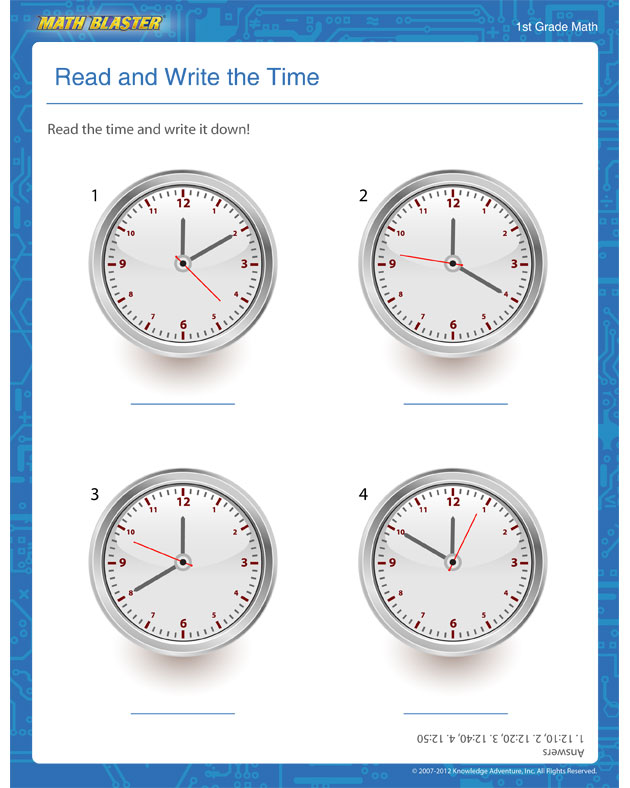 Read and Write the Time - Time Worksheet for 1st Graders