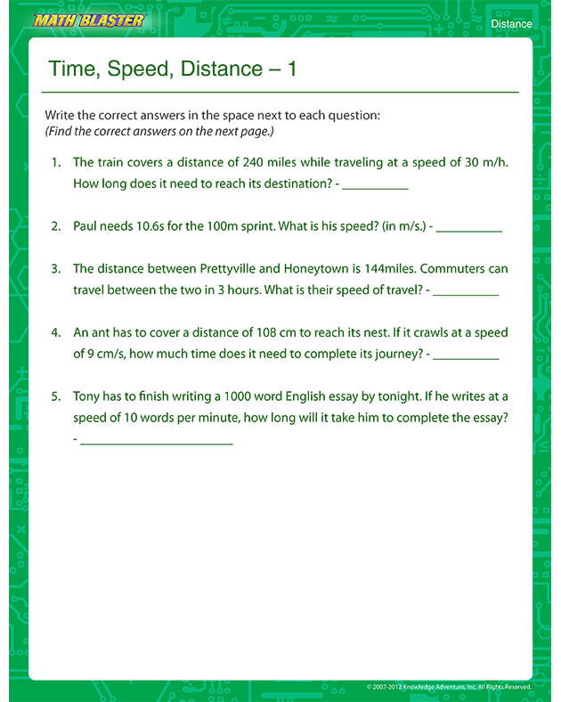 Time, Speed, Distance 2 - Free Math Worksheet for Kids