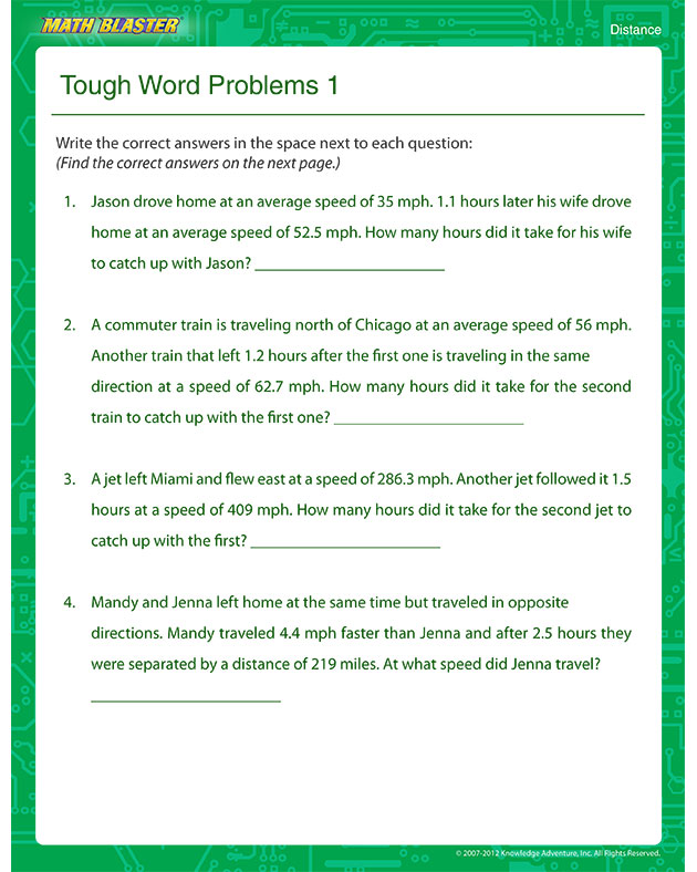 Tough Word Problems 1 - Free Math Worksheet for Kids