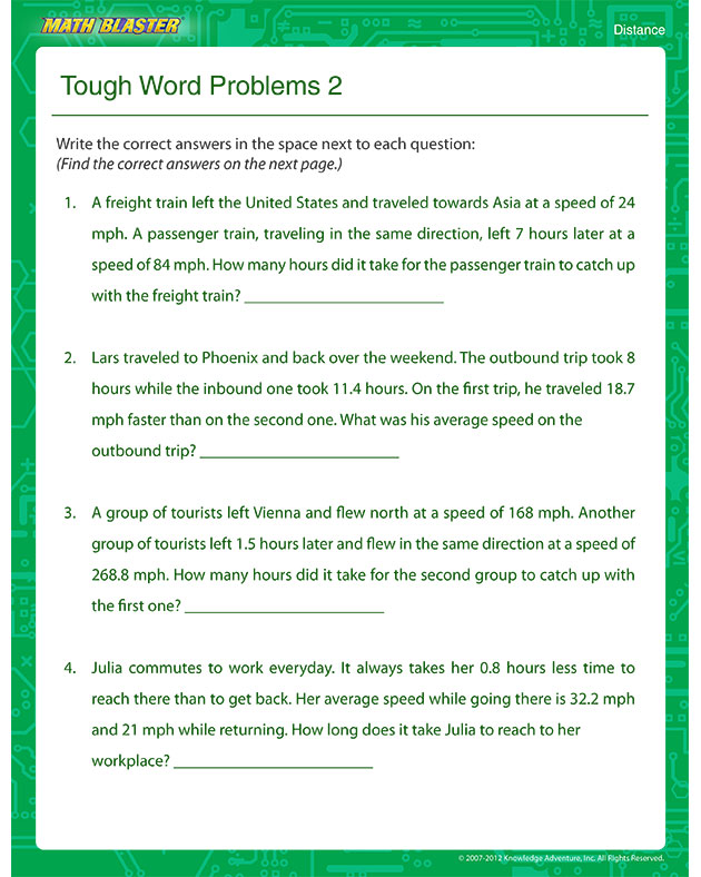 Tough Word Problems 2 - Free Math Worksheet for Kids