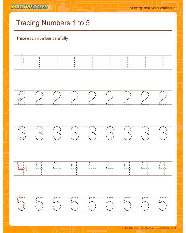 Tracing Numbers 1 to 5 - Math Worksheet for Kindergarten