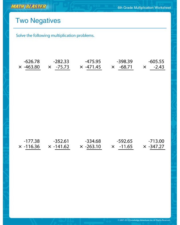 Two Negatives - Multiplication Worksheet for Sixth Graders