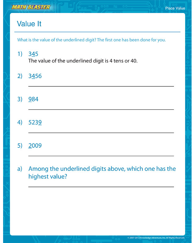 Value It - Math Worksheet for Third Graders