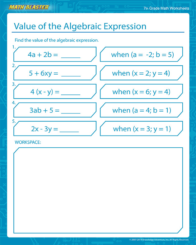 Value of Algebraic Expression - Free Algebra Worksheets for Middle School