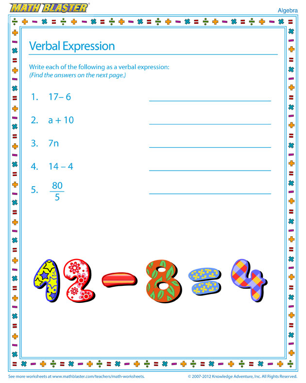 Verbal Expression - Algebra Worksheet for Children