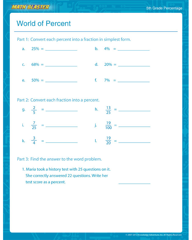 World of Percentage – Percentage Worksheet for Kids - Math Blaster