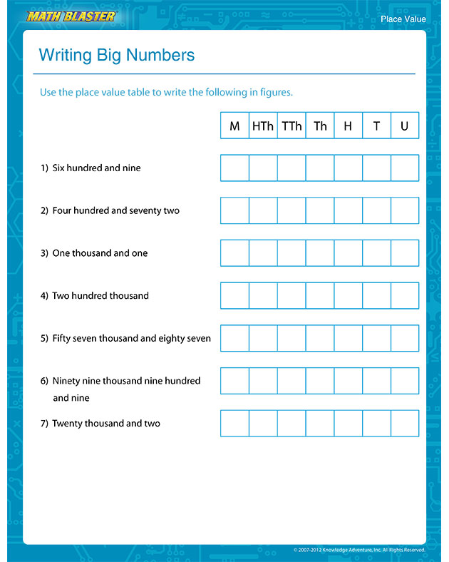 Writing Big Numbers - Math Worksheet for Second Grade