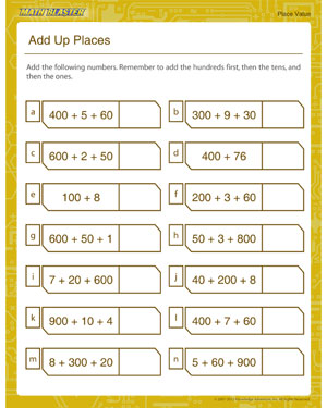 Add Up Places - Place value worksheet for kids