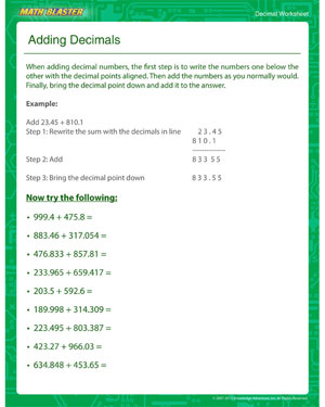 Adding Decimals - Printable Decimal Worksheet for Kids