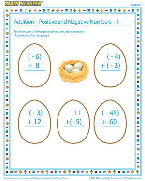 Addition - Positive and Negative Numbers – 1 - Printable Algebra Worksheet for Kids