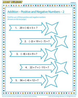 Addition - Positive and Negative Numbers – 2 - Printable Worksheet for Elementary Algebra