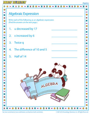 Algebraic Expression - Printable Algebra Worksheet Free Online
