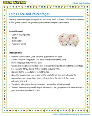 Cards, Dice and Percentages - Printable Online 5th Grade percentages Activity for Kids