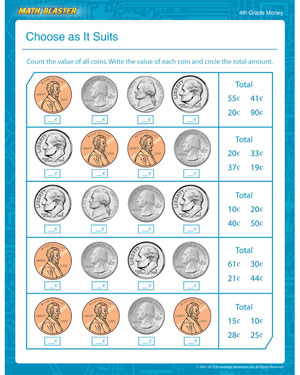 Choose as it Suits - Free Money Worksheet for 4th Grade