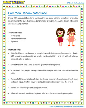 Common Denominator Race - Printable Online 5th Grade Arithmetic Activity for Kids