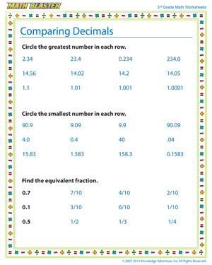 Comparing Decimals - Free Decimal Worksheet for 3rd Grade