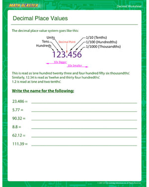 Decimal Place Values - Printable Decimal Worksheet for Kids