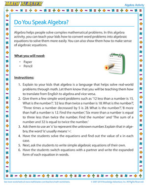 Do You Speak Algebra? - Printable Algebra Activity for Kids