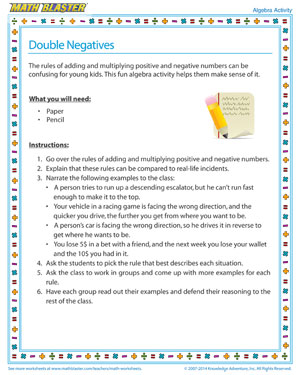 Double Negatives - Printable Algebra Activity for Kids