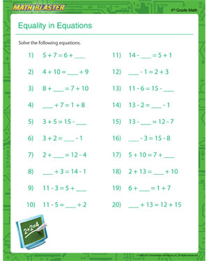 Equality in Equations - Free Printable Math Worksheet for 4th Grade