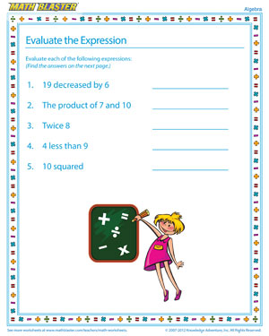 Evaluate the Expression - Fun Free Algebra Worksheet for Kids