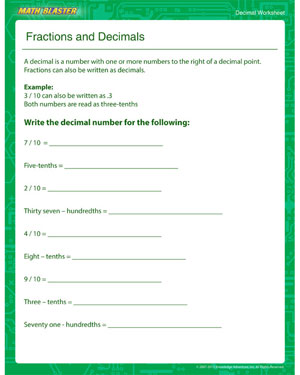 Fractions and Decimals - Printable Decimal Worksheet for Kids