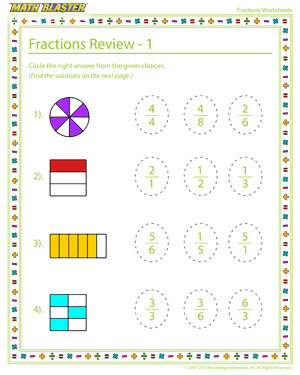 Fractions Review - 1 - Printable Worksheet to Teach your Child Fractions
