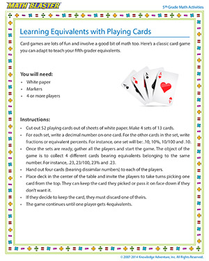 Learning Equivalents with Playing Cards - Printable 5th Grade Activity for Kids