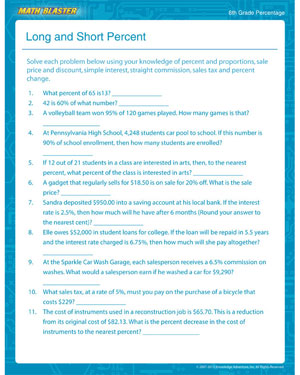 Long and Short Percent - Printable Math Worksheet