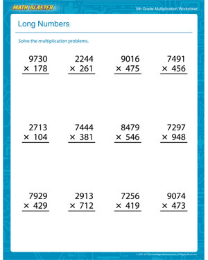 Long Numbers - Printable Multiplication Worksheet for Fifth Graders