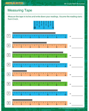 Measuring Tape - Printable Math Worksheet for Sixth Grade