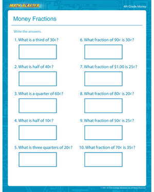 Money Fractions - Free Money Worksheet for 4th Grade
