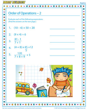 Order of Operations – 2 - Printable Algebra Worksheet for Kids