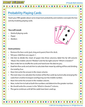 Probability Playing Cards - Printable Online 5th Grade probability Activity for Kids