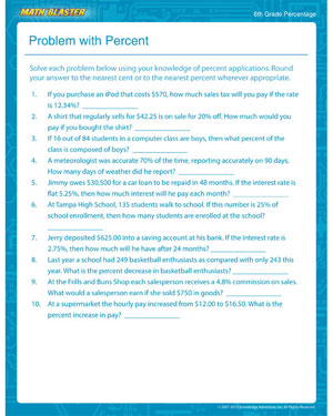 Problem with Percent - Printable Math Worksheet
