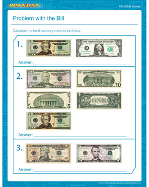 Problem with the Bill - Free Money Worksheet for 4th Grade